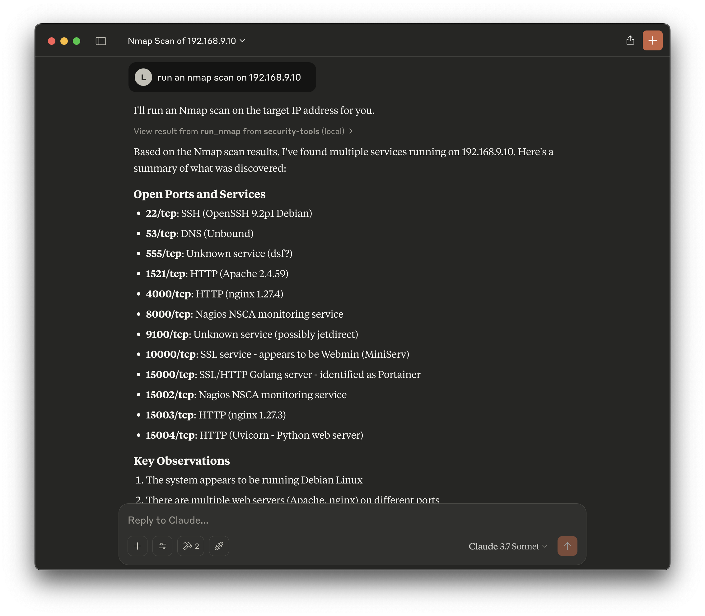 Screenshot of Claude Desktop showing the results of an nmap scan that was executed using natural language.