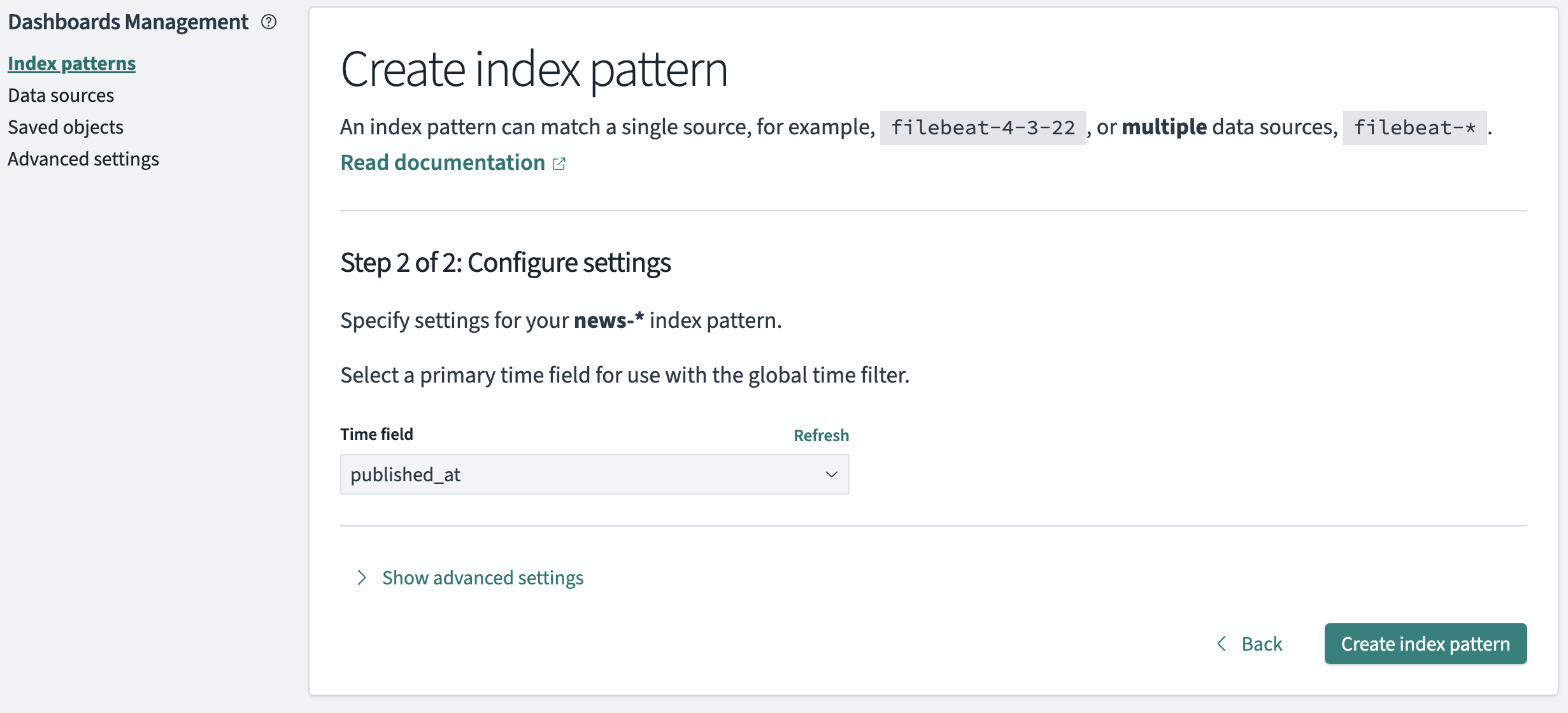 step 2 of the create index pattern view with the select a primary time field dropdown that shows the column published_at