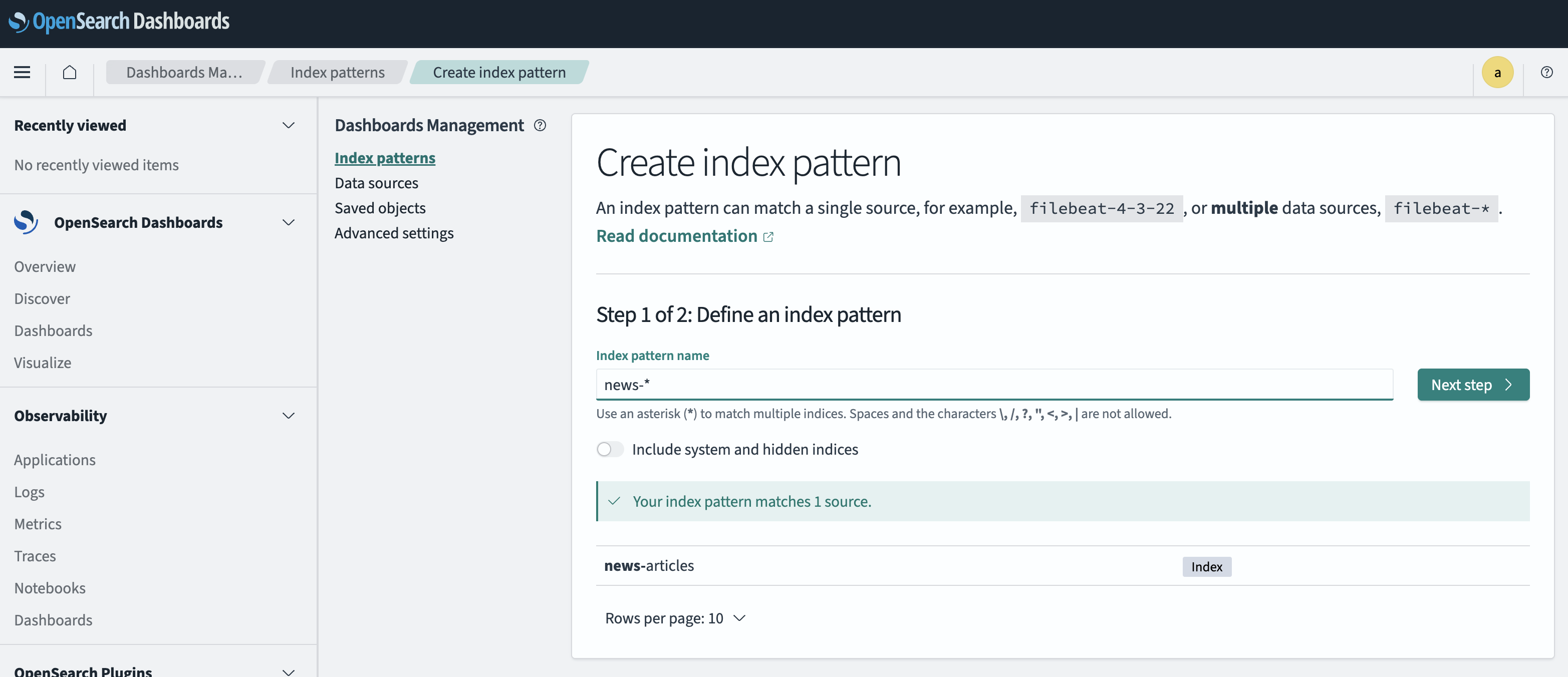 step 1 of the create index pattern view with a new index pattern called news-*