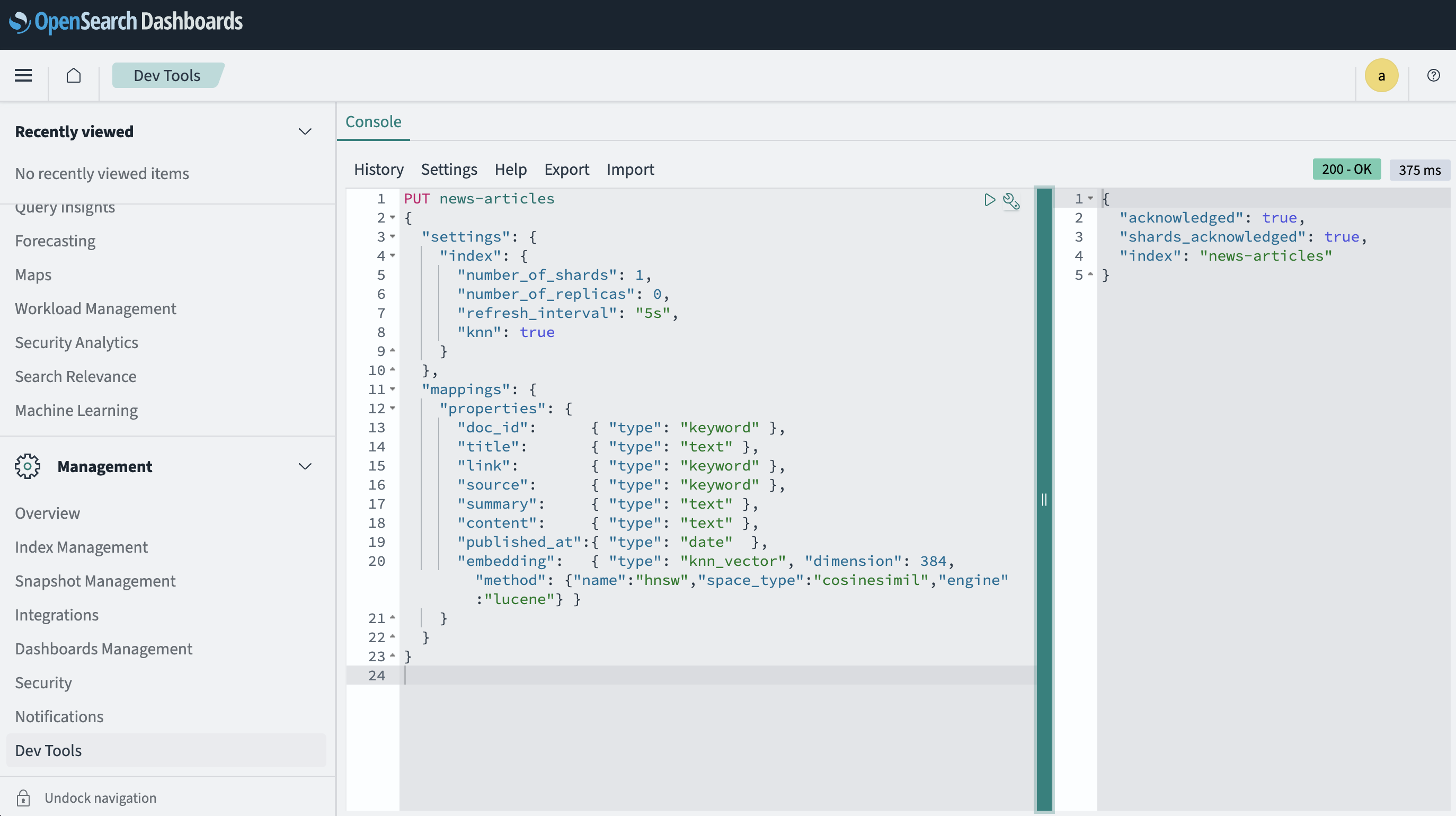 screenshot of the opensearch dev console with post request for creating a new index inside of a textbox